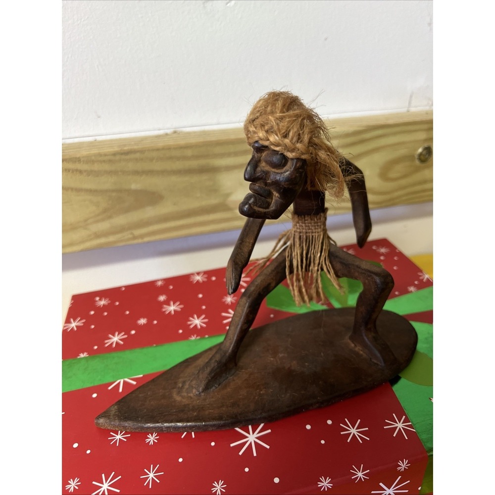 Wooden Primitive Surfing Tribal Statue Tiki Bar Figurine Surf Hand Carved Decor